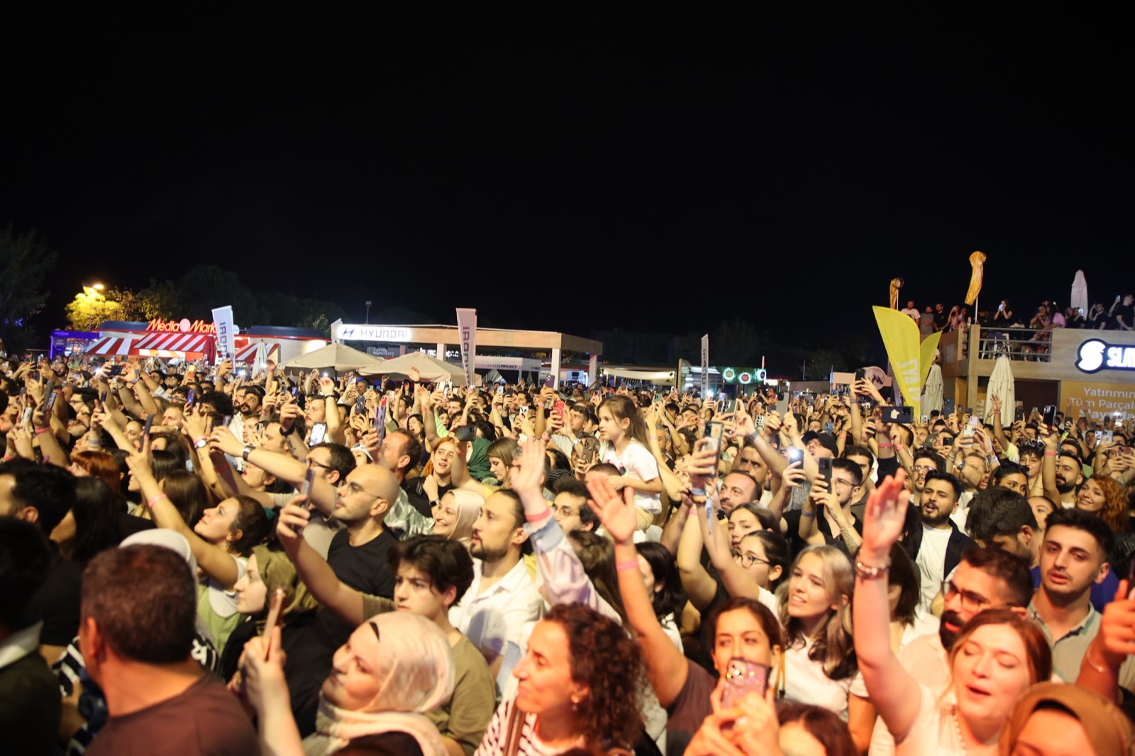 The night crowd from the front rows, hands in the air